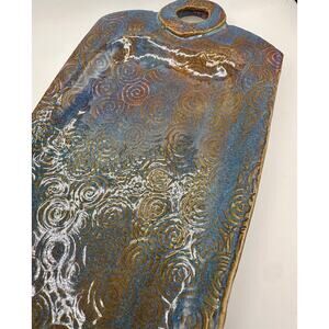 Handmade Raku-Style Ceramic Platter — Iridescent Blue & Copper Swirl Pattern